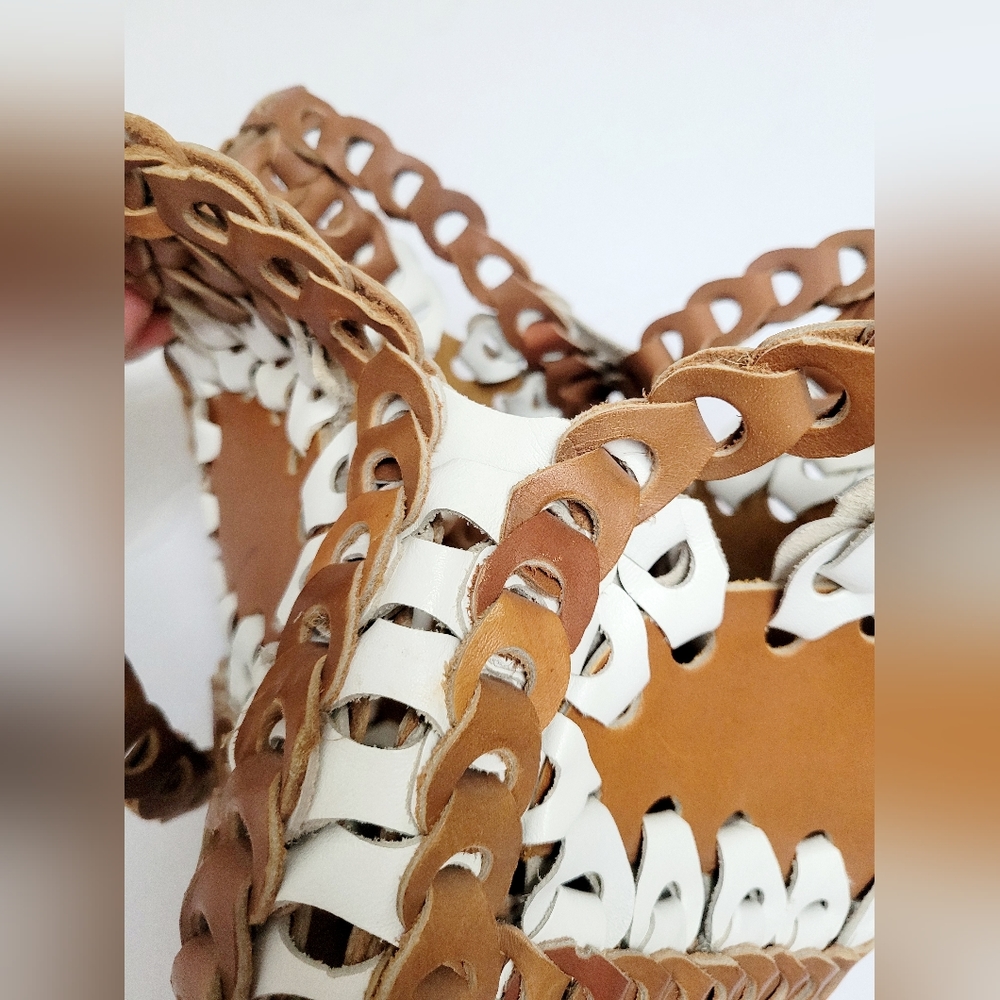 Genuine Braided Leather Boho Chic Hobo Bag Two-Tone Cognac/White - Picture 9 of 13